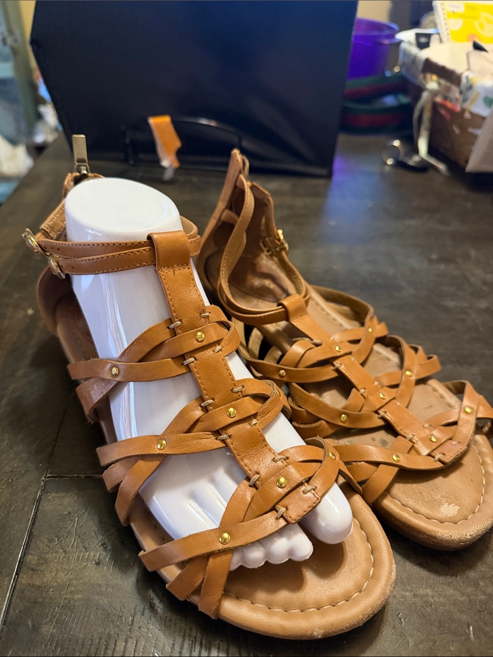 Clarks Tan Strappy Gladiator Sandals with Gold Studs